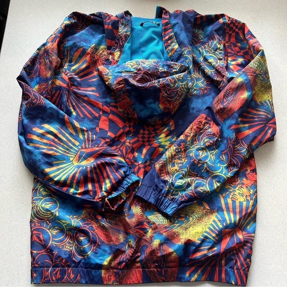 Volcom Kids Hooded Windbreaker Jacket Multicolor Graphic Print‎ Blue Red Size L